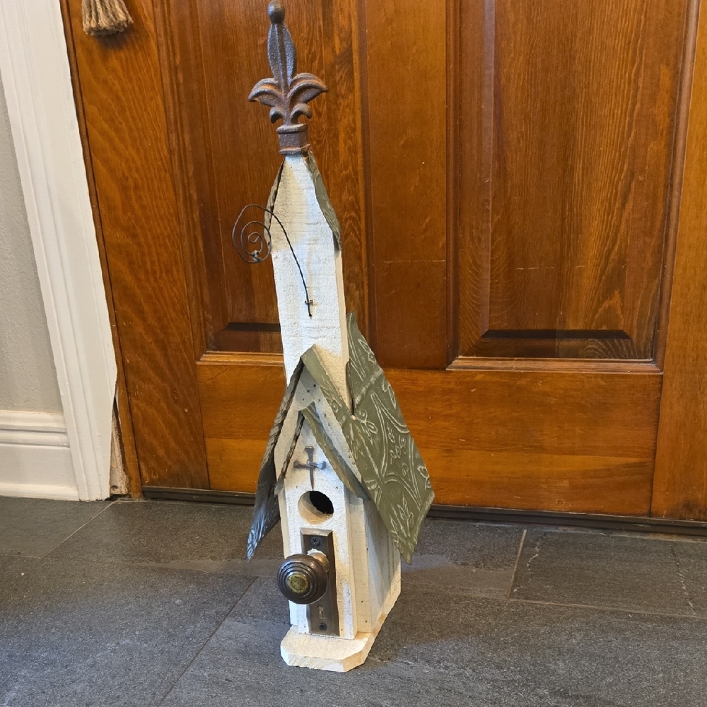 Rustic Wooden Birdhouse with Tin Green Roof